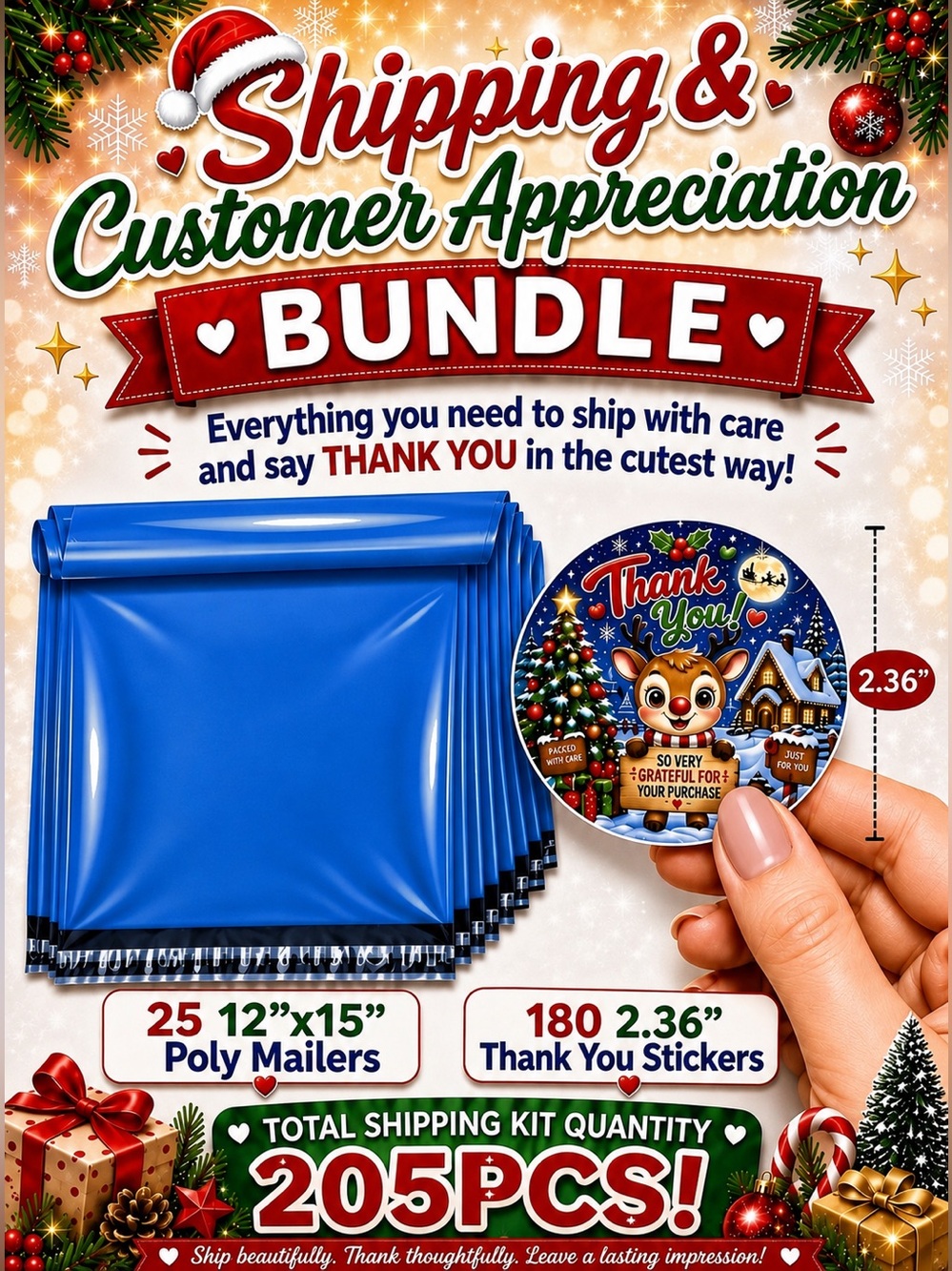 205PC Bundle ~ 25 12”x15” Poly Mailers & 180 Thank You Stickers